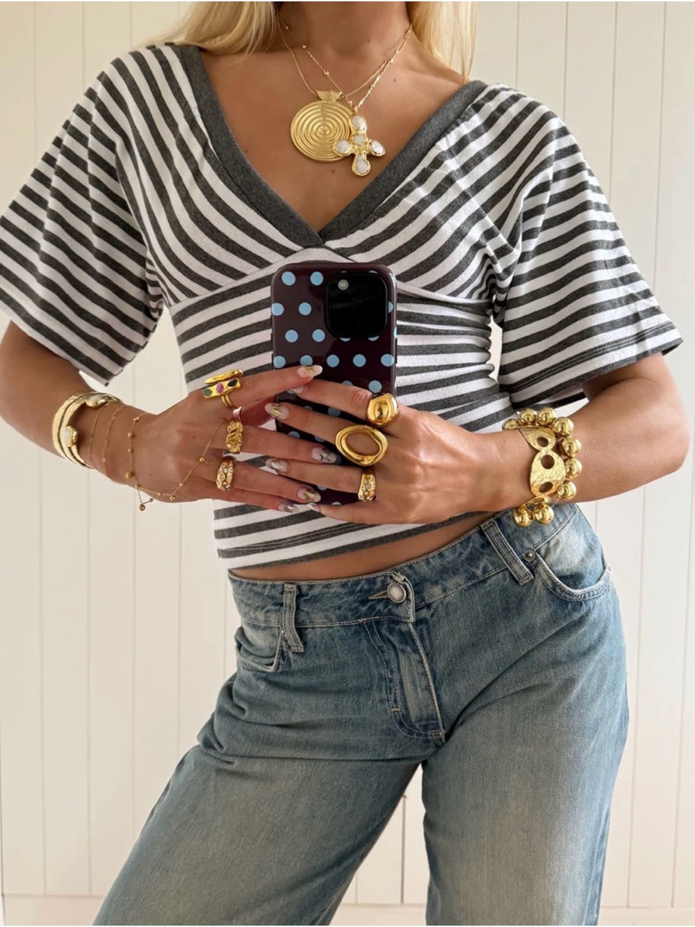 Striped Grey V-Neck Wrap Crop Top by